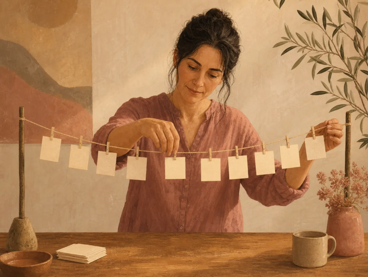 Trauma Timeline Worksheet: person pinning index cards along a string stretched across a table to map life events by age