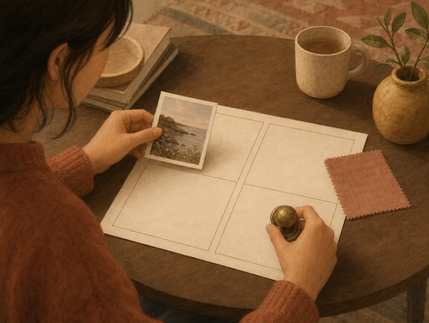 Trauma Triggers Worksheet: a person sorting a photo, fabric swatch, and doorknob into four grid sections on a worksheet
