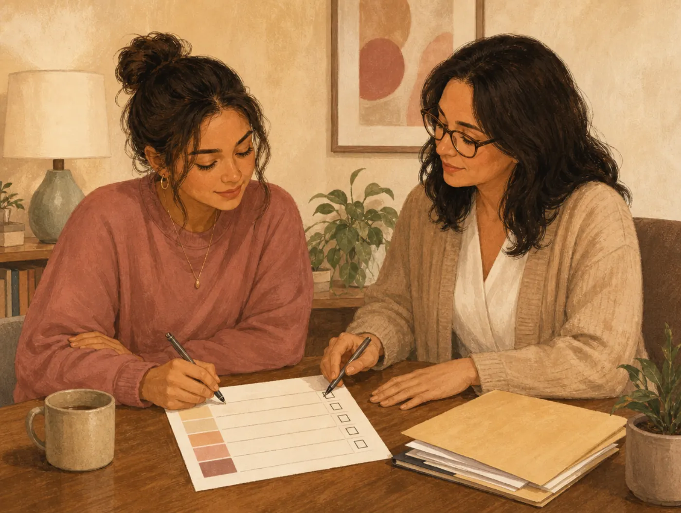 Treatment Plan Template: client and therapist filling out a worksheet with numbered goal rows and checkboxes at a desk