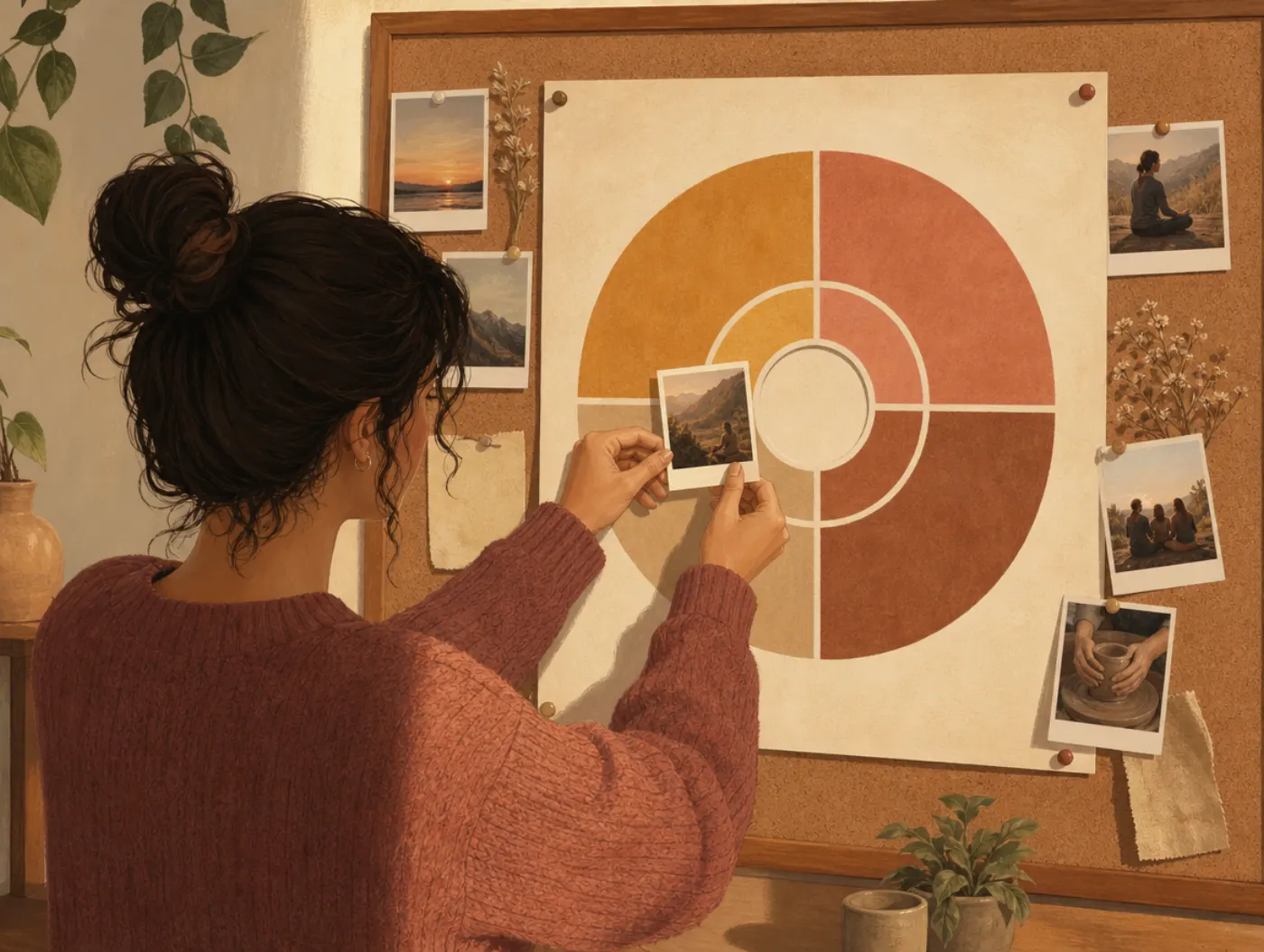Values Bullseye Worksheet: person pinning a photo onto a four-quadrant paper target, one ring near the center left empty