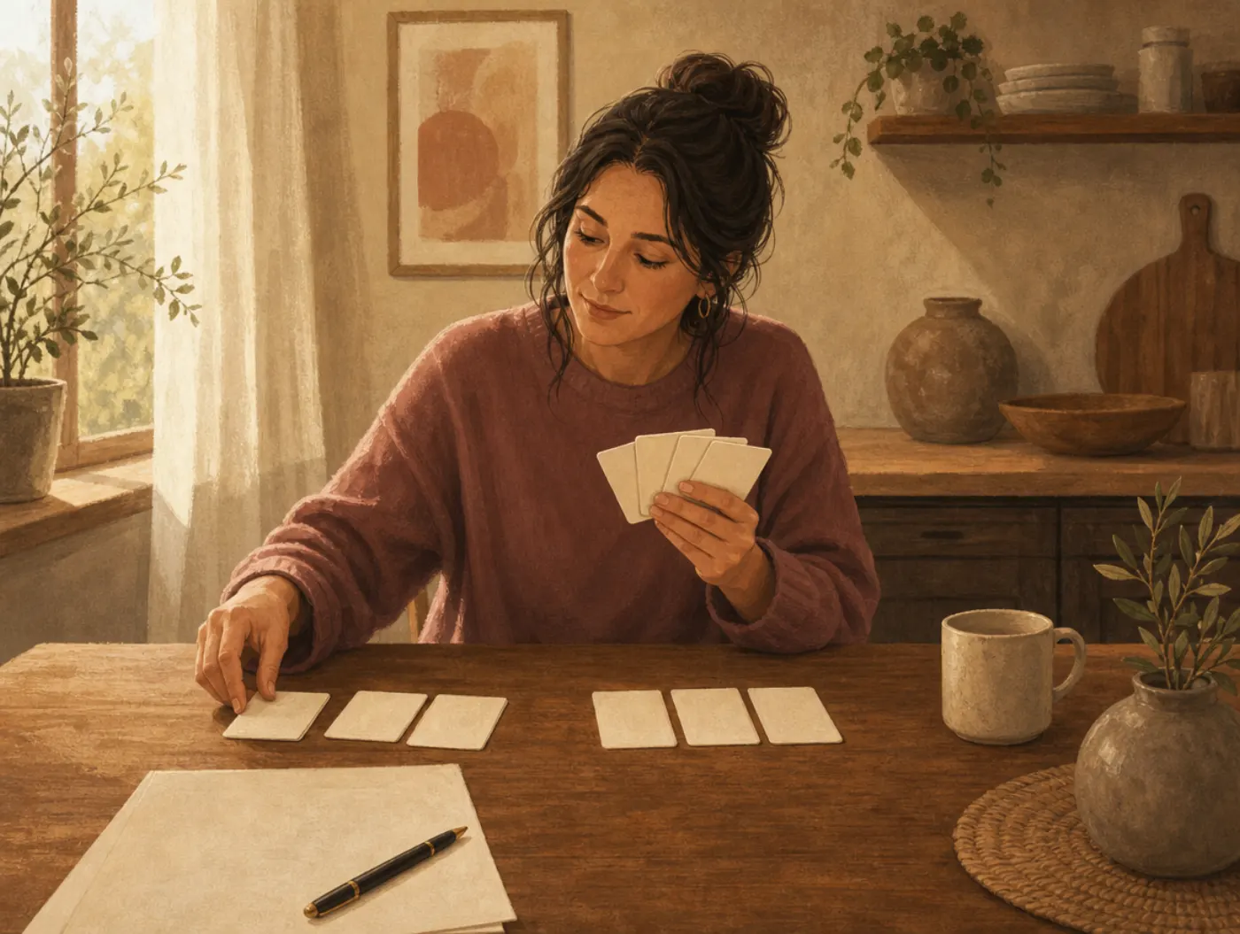 ACT Values Worksheet: an adult sorting life-area word cards into piles at a table, pen resting on a blank worksheet