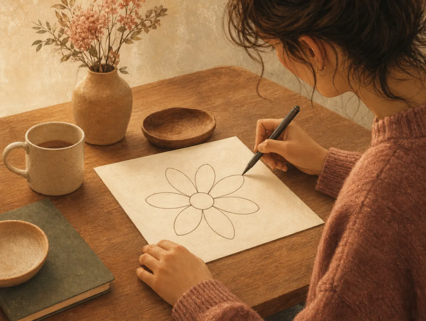 Vicious Flower Maintenance Diagram: a person filling in a hand-drawn flower worksheet, petals radiating from a central c