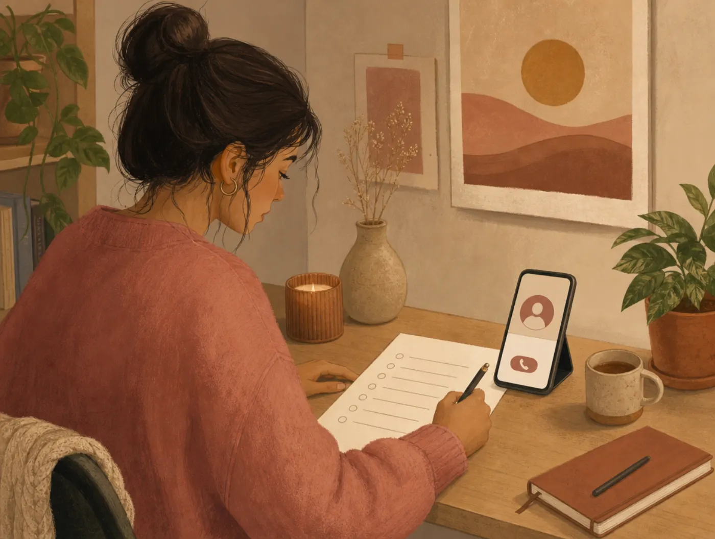 Warning Signs Worksheet: person filling out a printed early warning signs worksheet at a desk, with a phone showing a sa