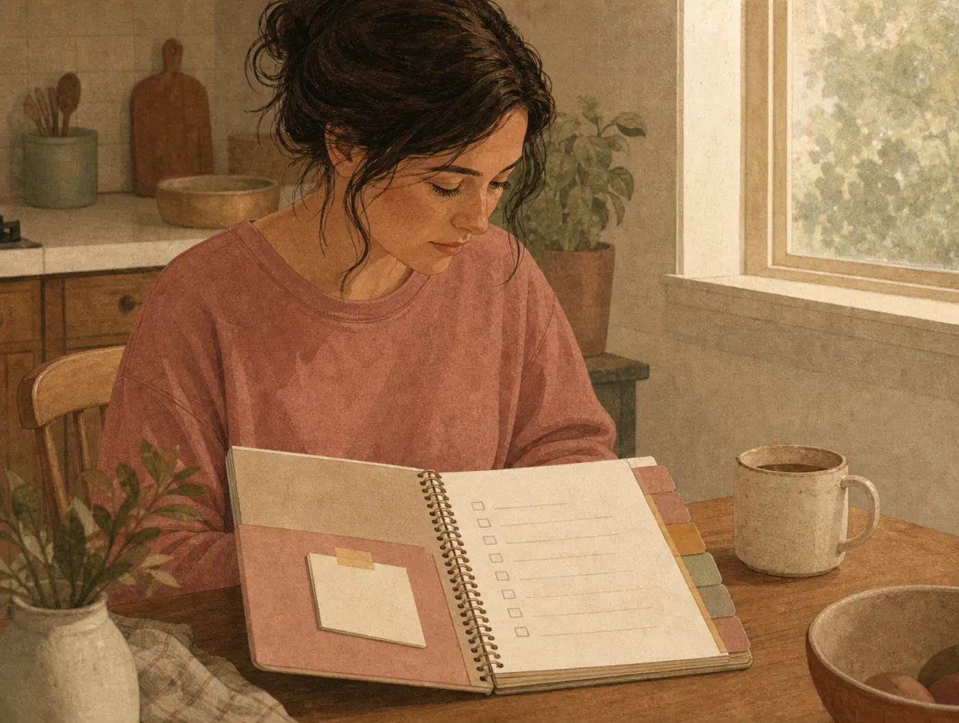 Wellness Recovery Action Plan: person filling in a tabbed recovery workbook with a checklist at home
