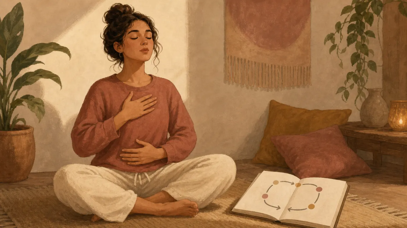 What Is Anxiety?: a person sitting on the floor practicing slow breathing, hand on chest, worksheet with a breathing dia