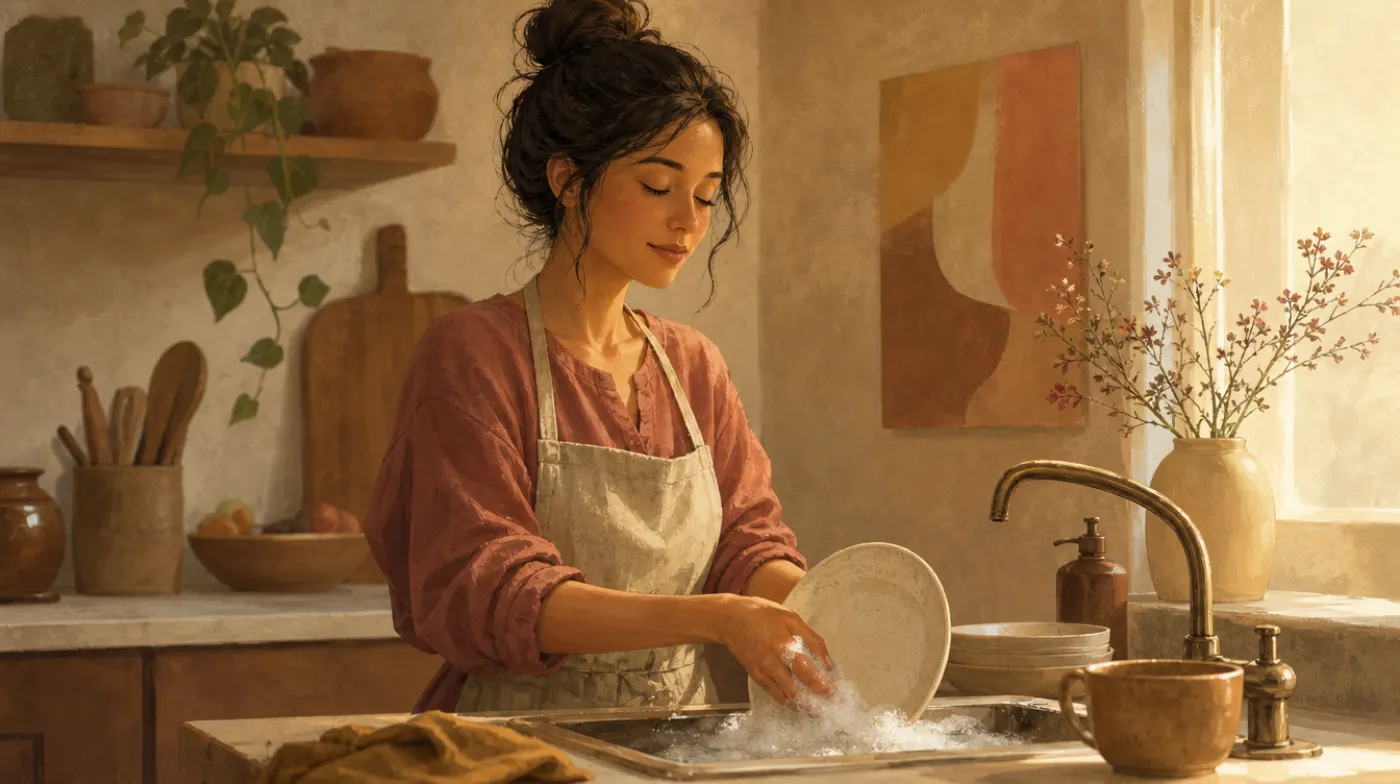 What Is Mindfulness?: a person washing dishes with eyes closed, pausing to notice the warm water and the plate in their