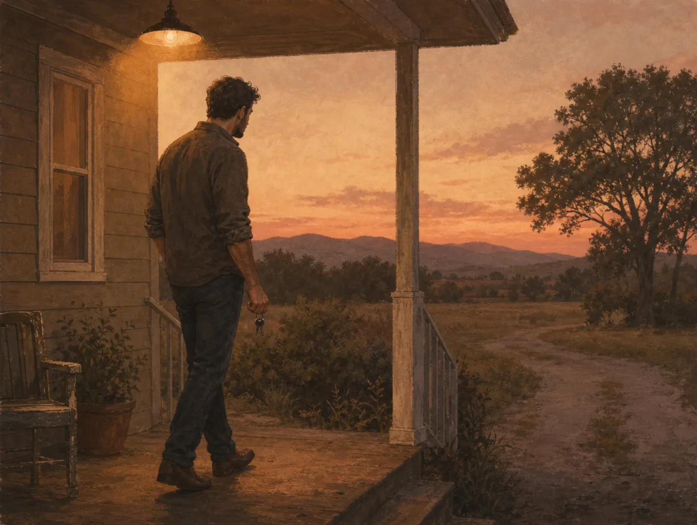 What Is Worry?: a man pacing a porch at dusk, glancing repeatedly at an empty driveway, keys clenched in his hand