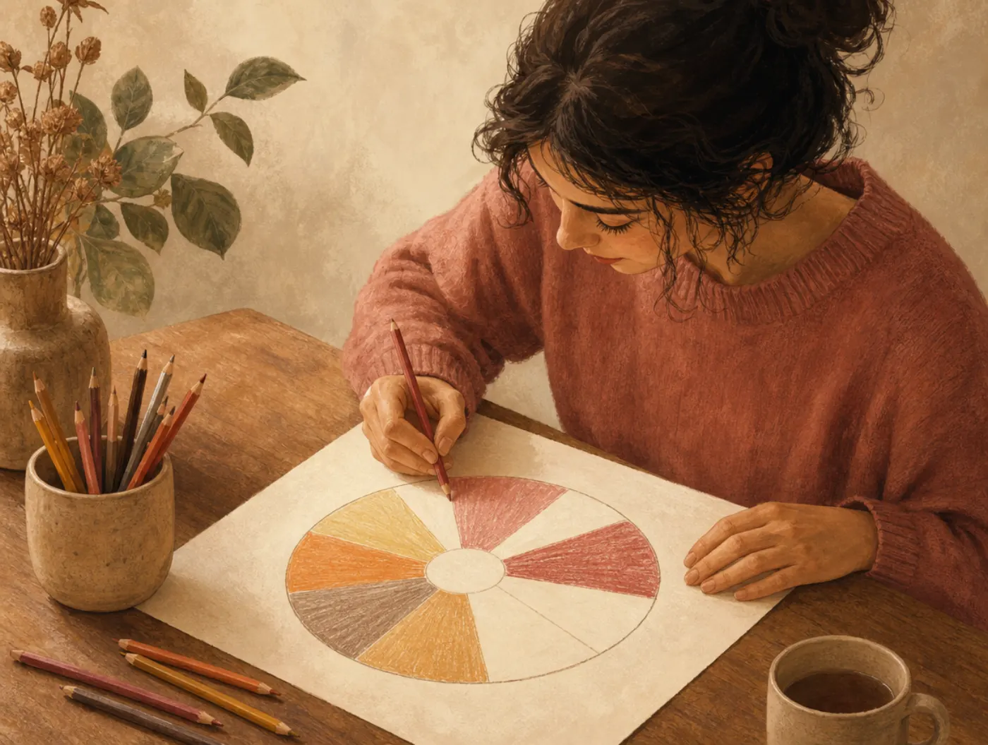 Wheel of Life: a hand-drawn circular wheel chart with wedges shaded to different lengths using colored pencils