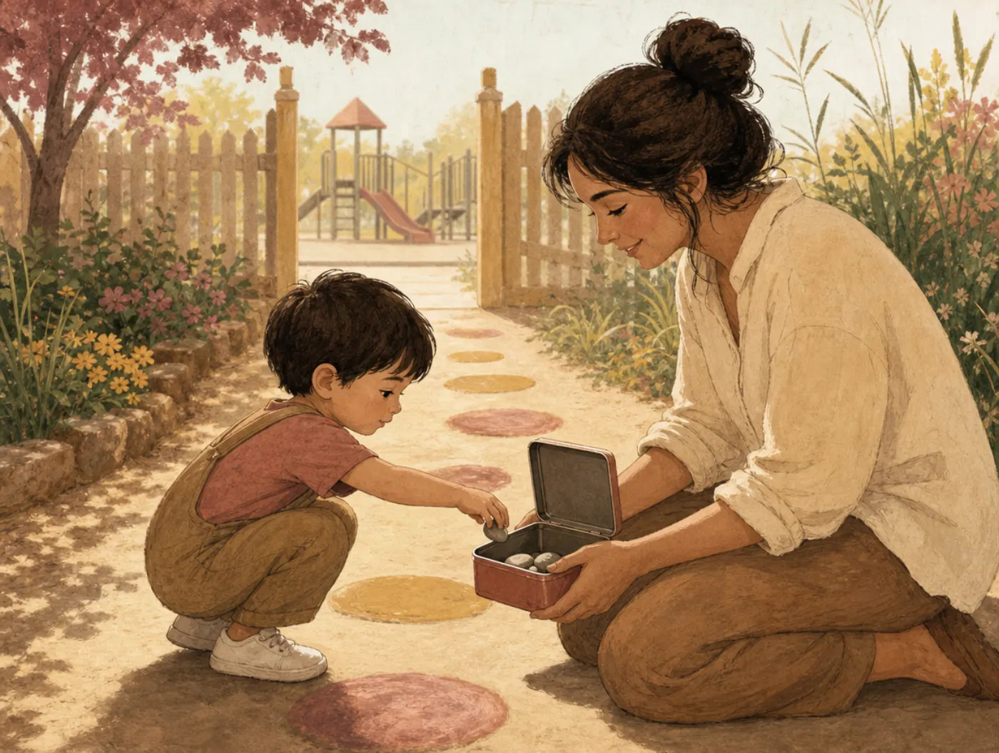 Worry Activities for Kids: child drops a stone into a tin box as stepping stones lead to a playground gate