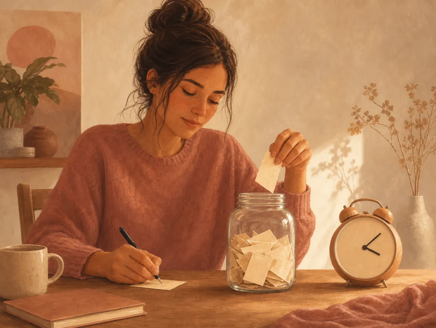 Scheduled Worry Time: a person writes a worry on a slip of paper and drops it into a jar beside a clock set for later