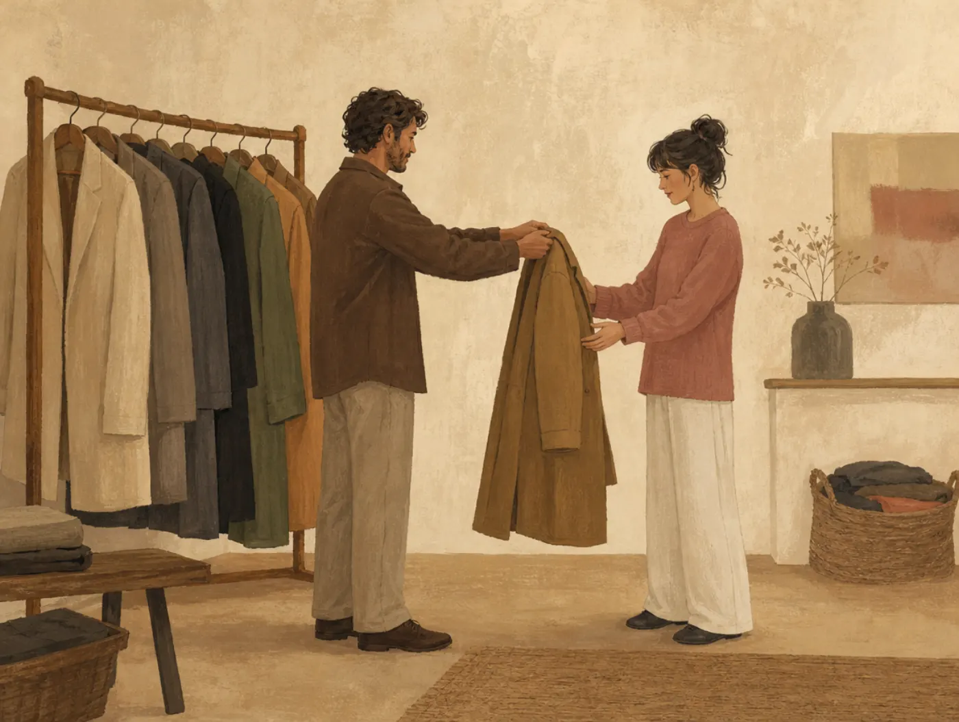 Trait ascription bias: one coat for her, a whole wardrobe for himself A man hands a woman one stiff plain coat as though it were the only one she could wear, while his own rack behind him holds a dozen varied coats.