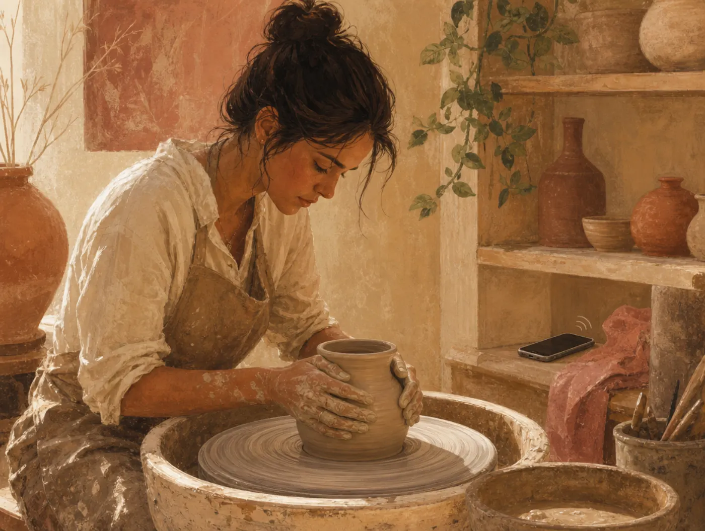 The Aphrodite Archetype: a potter shaping wet clay on a spinning wheel, phone buzzing unanswered nearby
