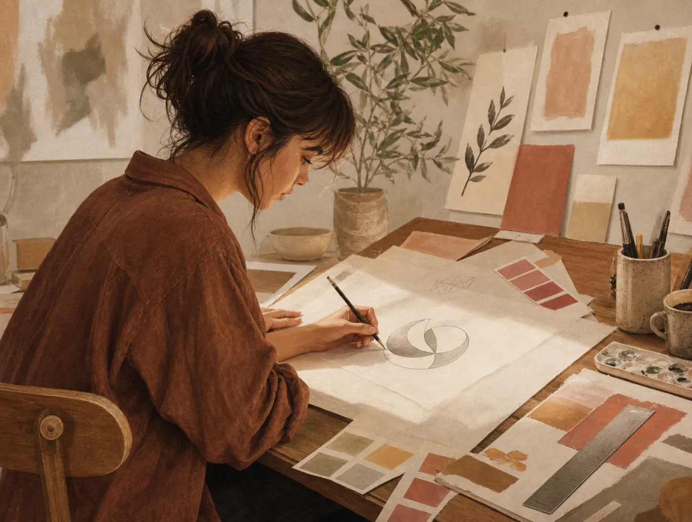 Artistic Holland Code: The Creator: designer at a drafting table sketching freehand on tracing paper amid scattered colo