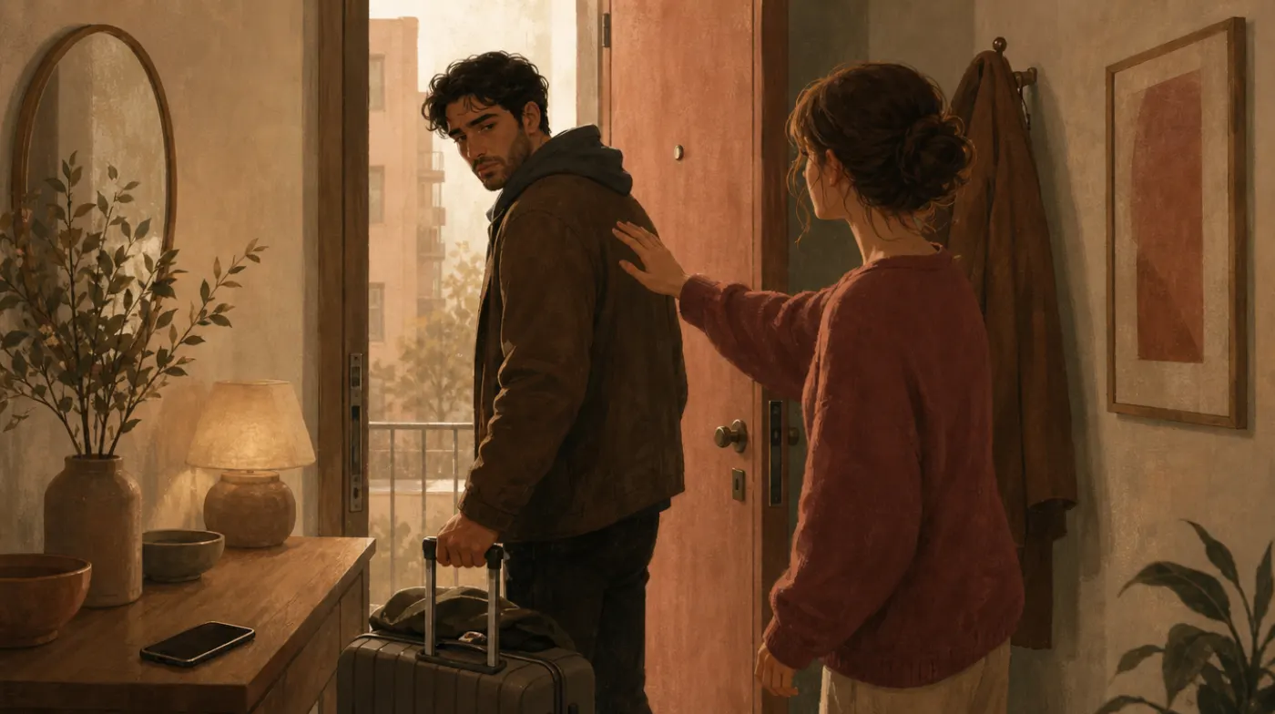 The Four Attachment Styles: a couple at a doorway, one holding a suitcase, the other reaching out