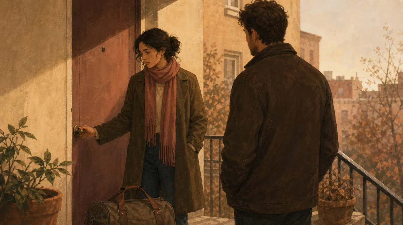 Dismissive-Avoidant Attachment Style: a woman keeps her jacket on and bag packed at her door instead of inviting her par