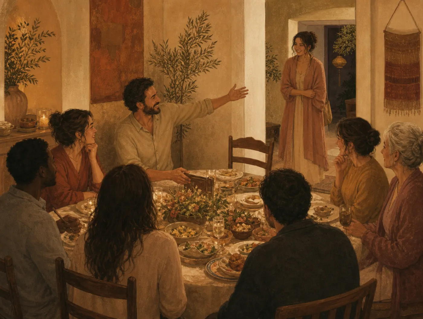 Blue Personality Type: Connection and Empathy: host waving a lone guest to an open seat at the table