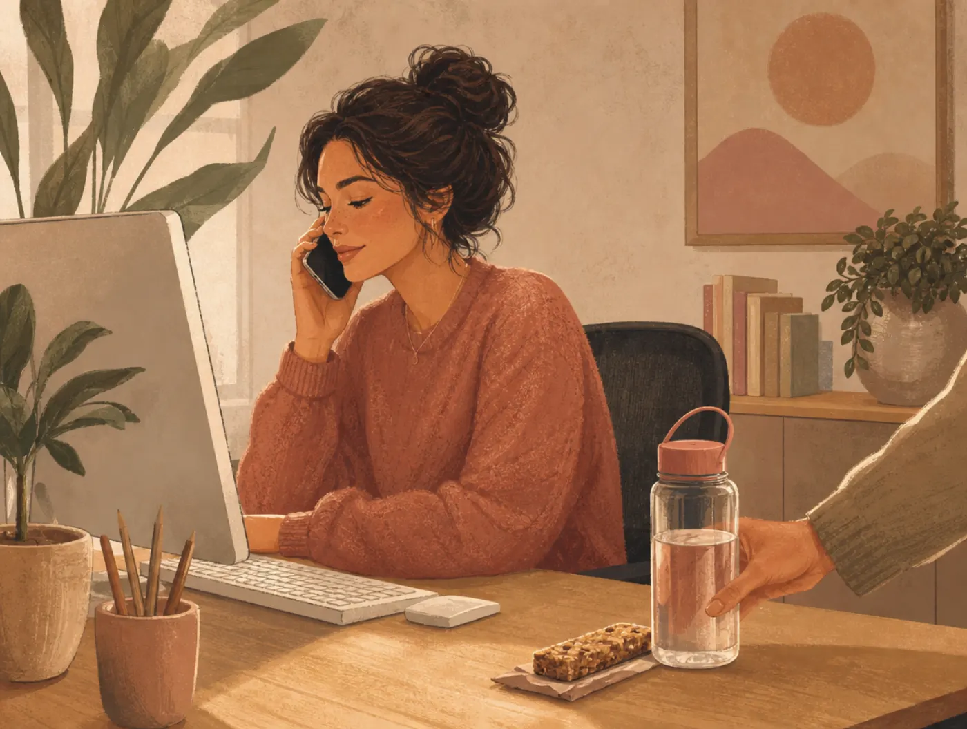 The Caregiver Archetype: quietly leaving a water bottle and granola bar at a coworker's desk during a call