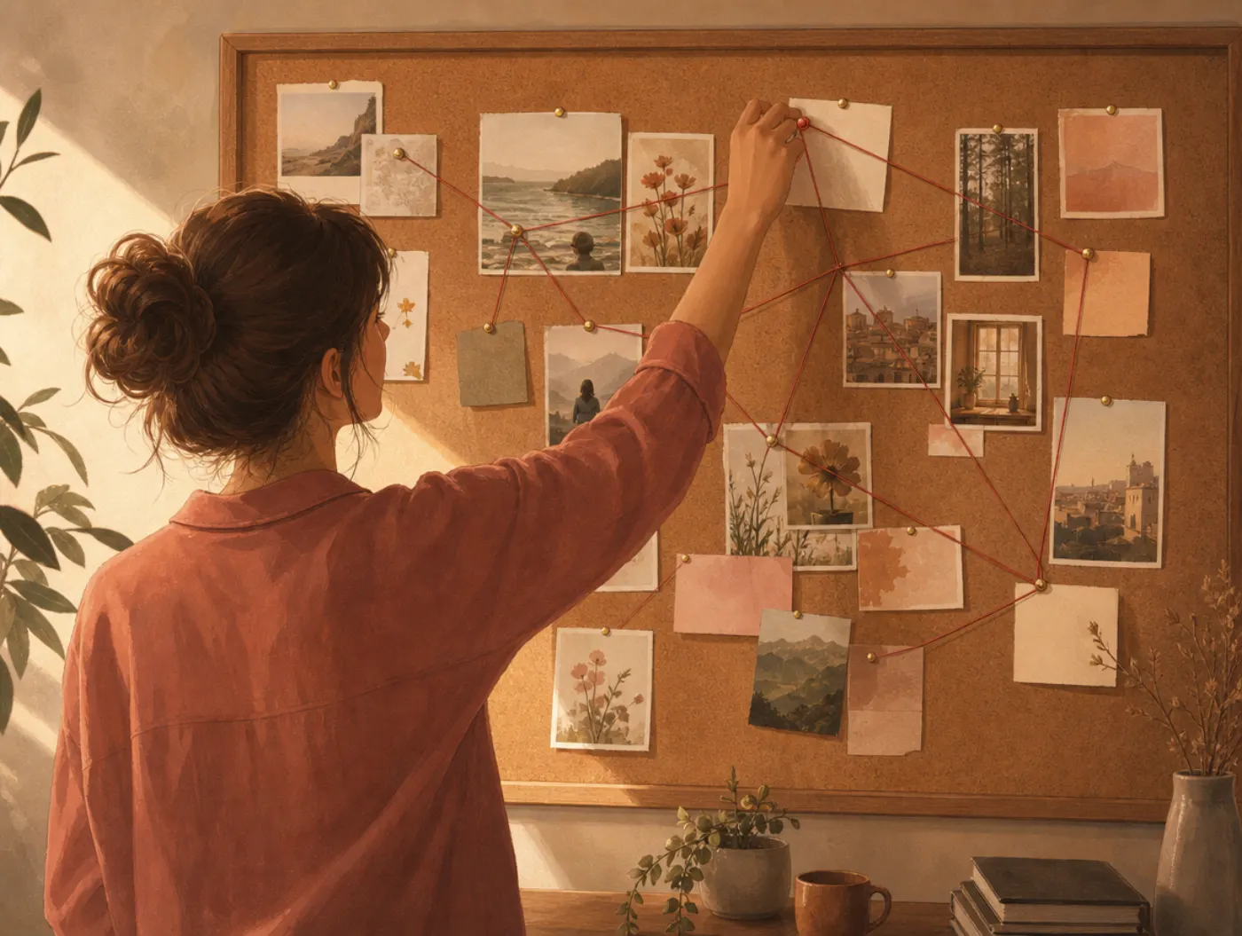 The Eight Cognitive Functions: a person linking scattered notes on a corkboard, reaching one insight