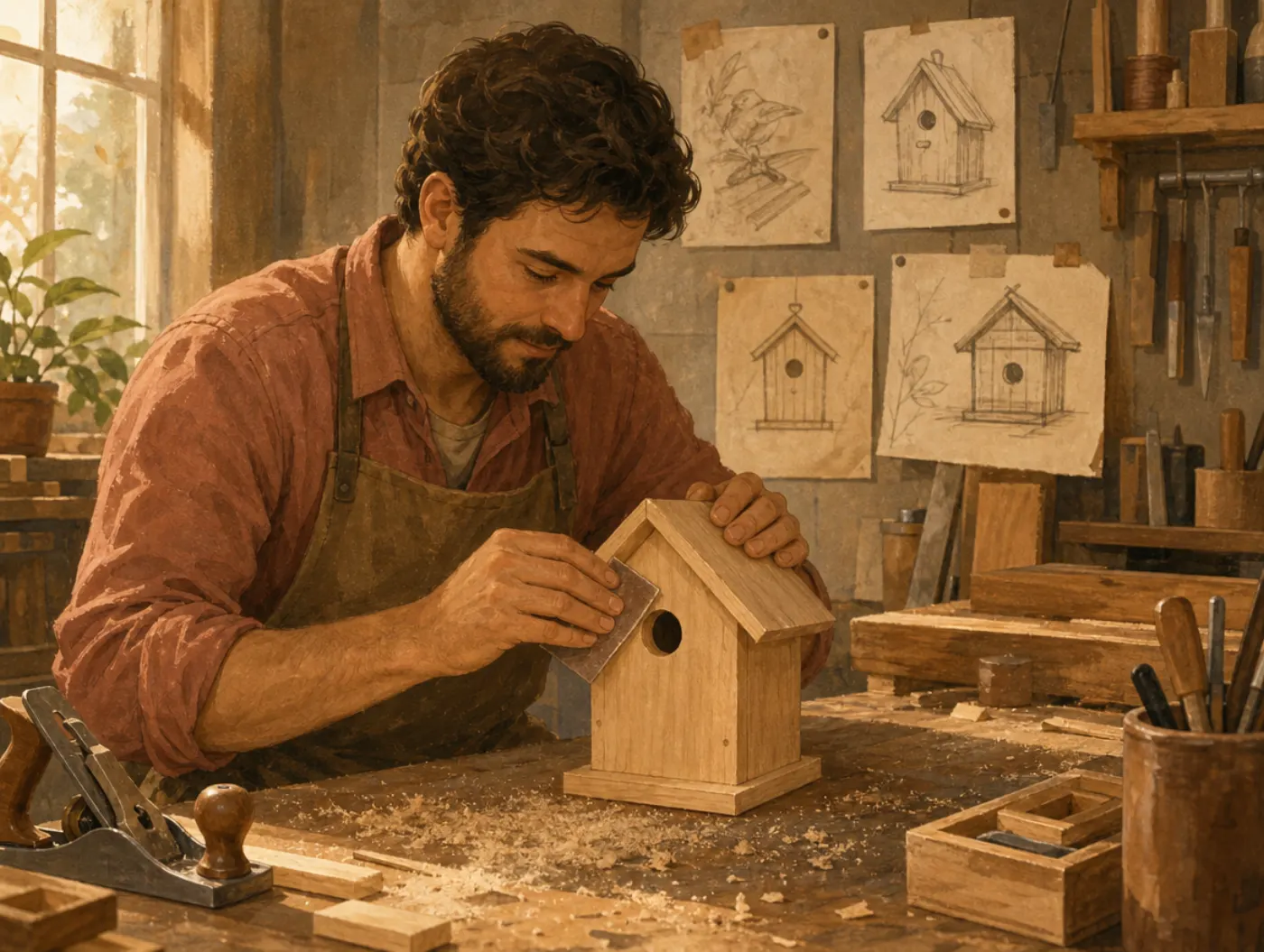 The Creator Archetype: Turning Ideas Into Something Real: a woodworker sanding a half-built birdhouse in a garage worksh