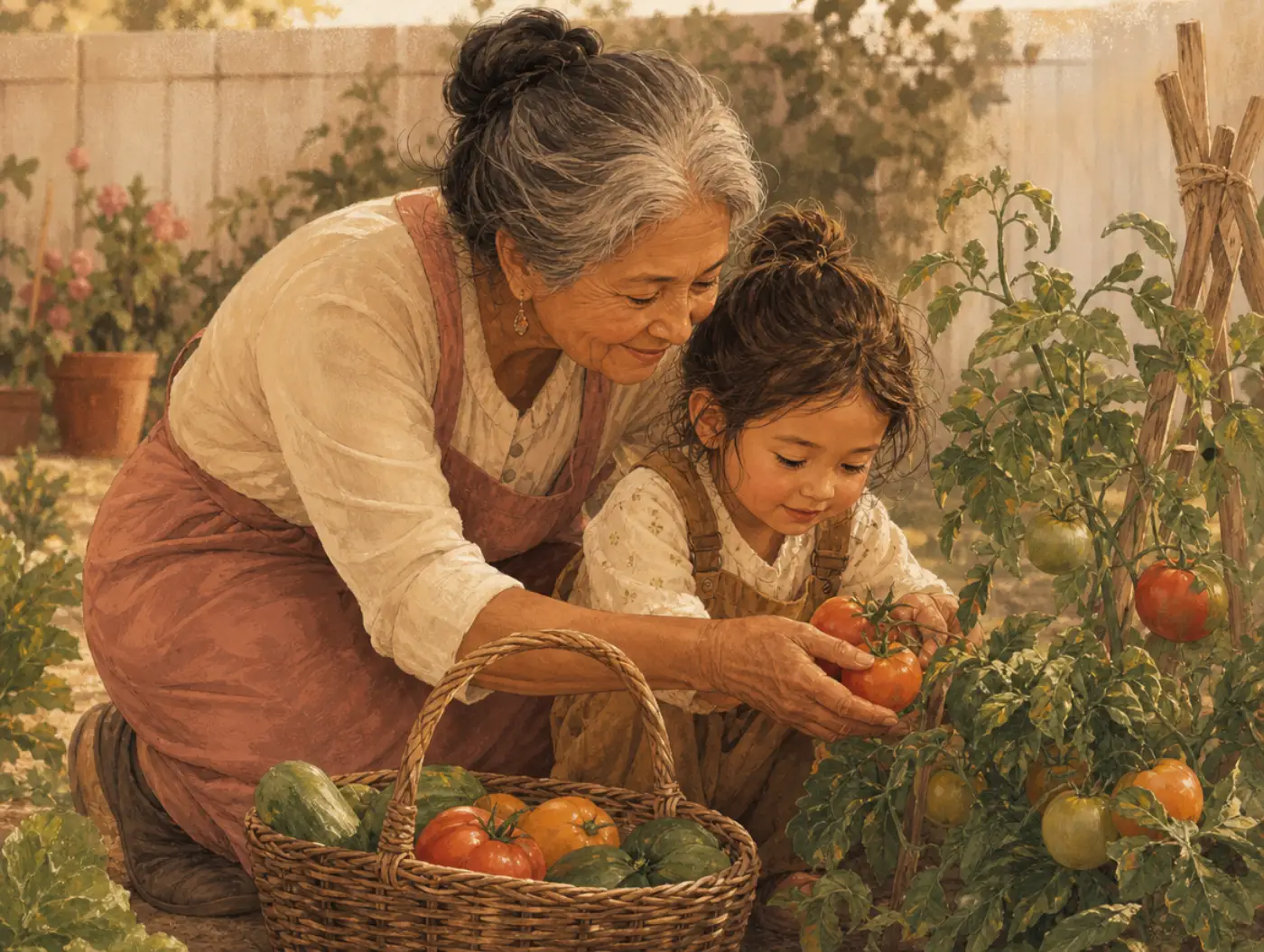 The Demeter Archetype: a grandmother guides a child to pick a ripe tomato into a woven basket in the garden