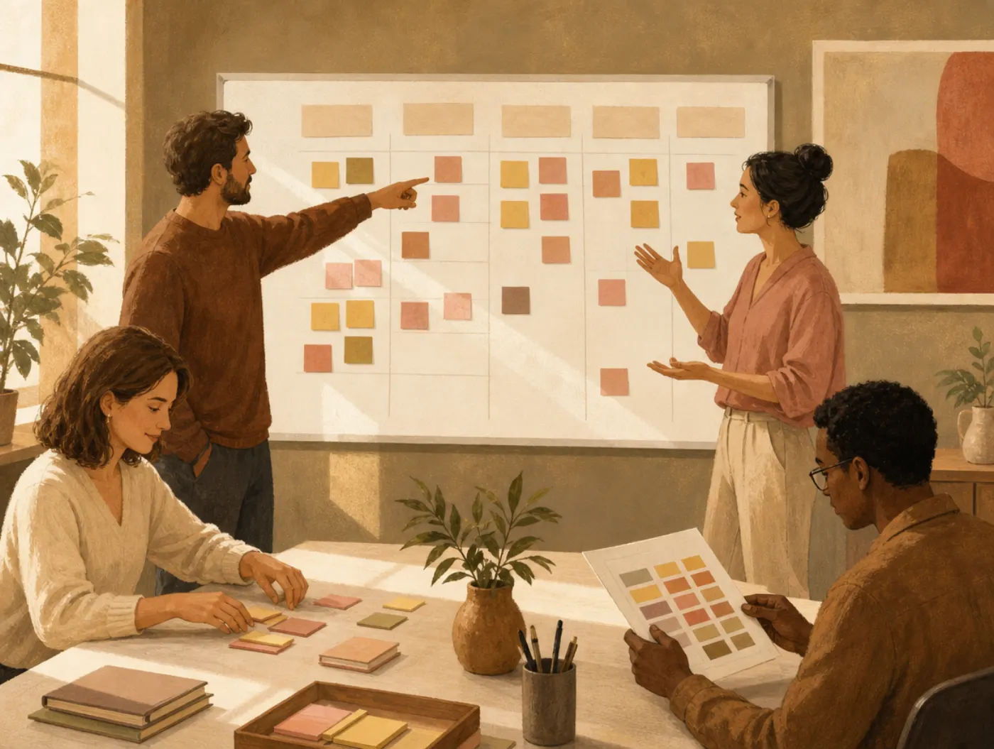 The Four DISC Styles: Dominance, Influence, Steadiness, Conscientiousness: four styles at a whiteboard meeting