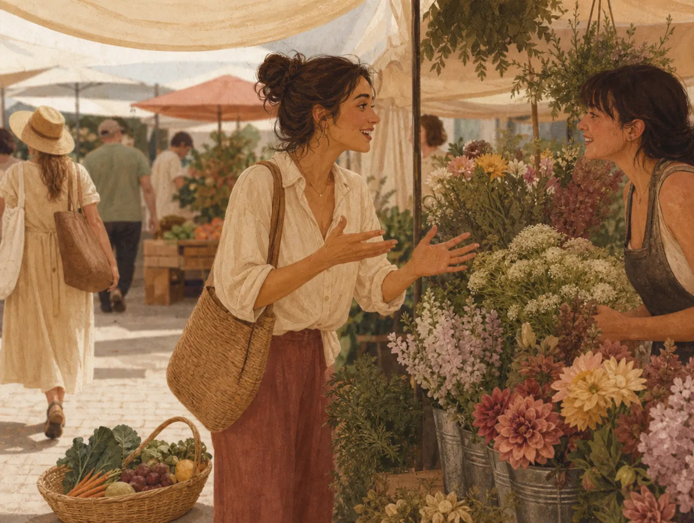 ENFP Personality Type: The Campaigner: woman leaves her market basket to chat animatedly with a stranger at a flower sta