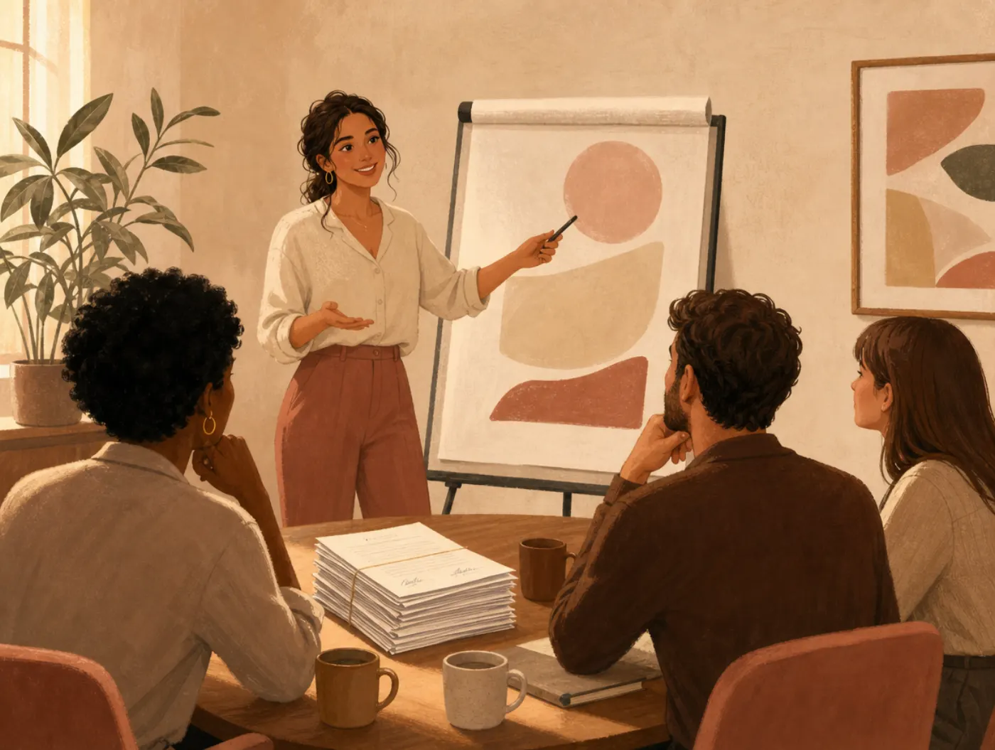 Enterprising Holland Code: The Persuader: woman pitching to colleagues in a meeting room, pointing at a flipchart with s