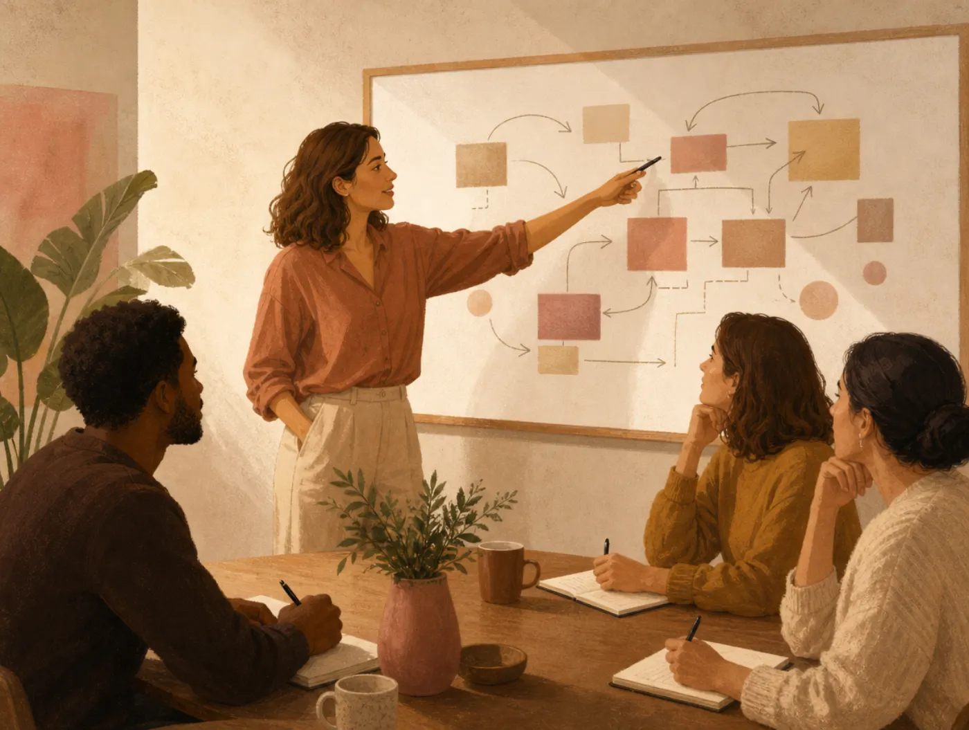 ENTJ Personality Type: The Commander: a leader pointing at a whiteboard flowchart while directing colleagues at a table