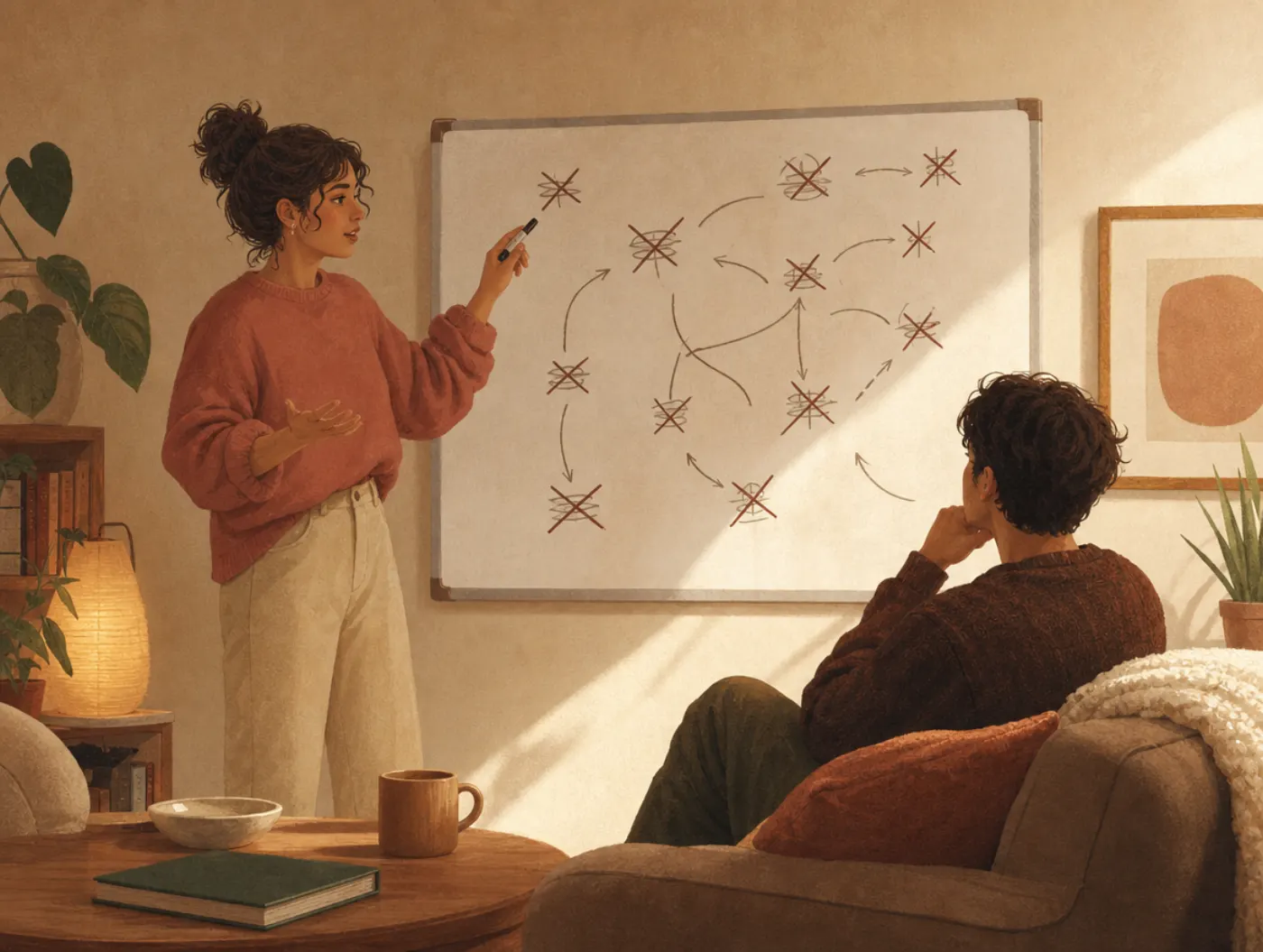 ENTP Personality Type: The Debater: a person at a whiteboard of crossed-out arguments, debating a friend