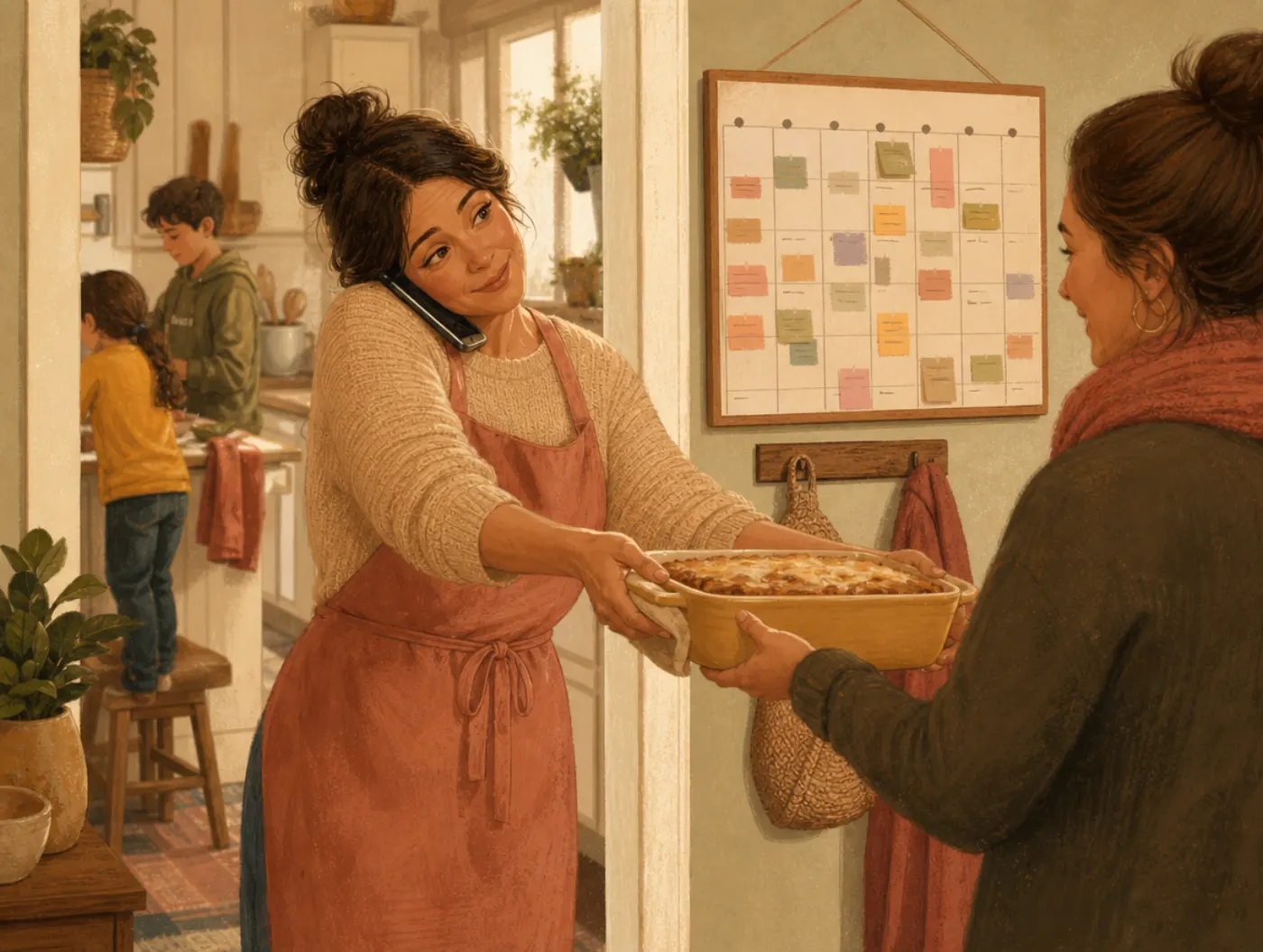 ESFJ Personality Type: The Consul: woman handing a neighbor a casserole while on the phone, a packed family calendar on