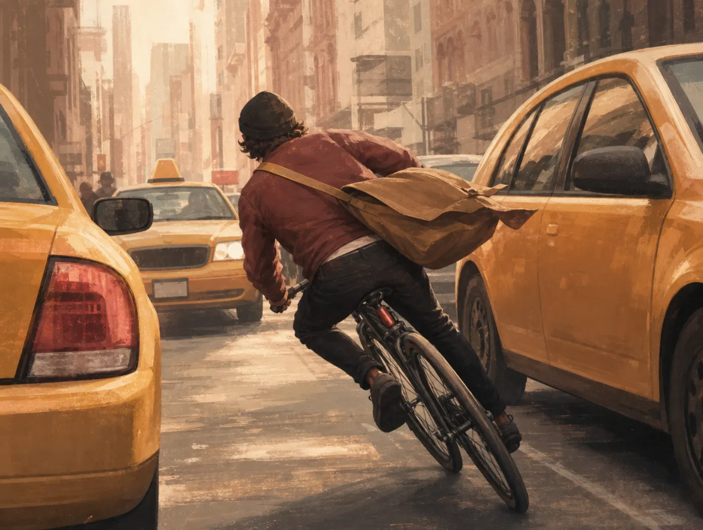 ESTP Personality Type: The Entrepreneur: a bike messenger weaving fast through stopped taxis, satchel swinging