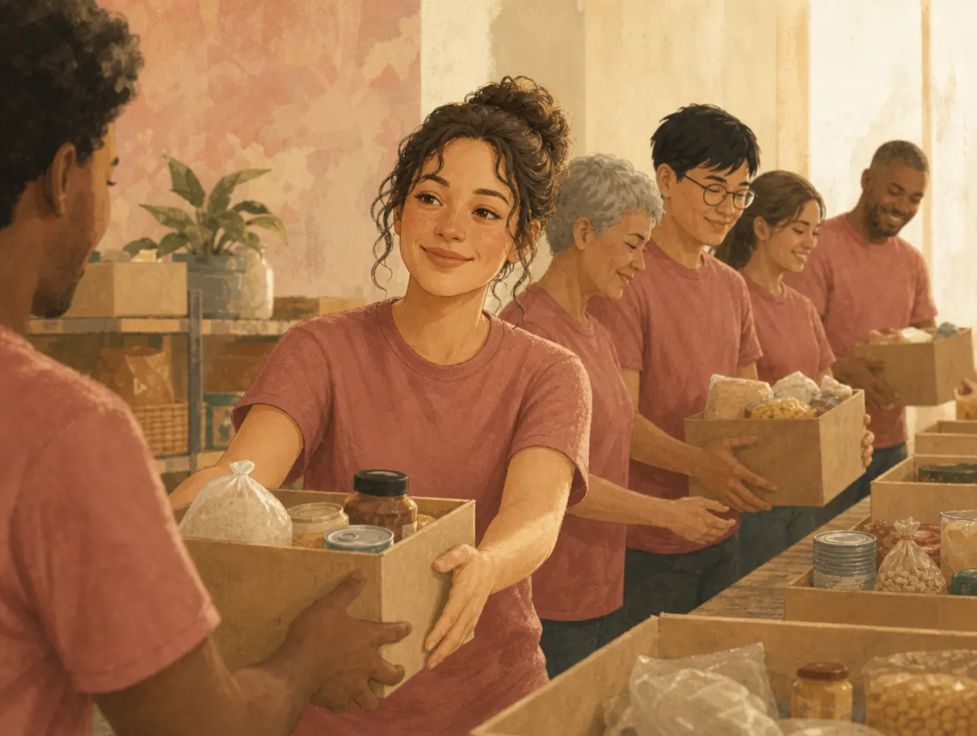 The Everyperson Archetype: a volunteer in a matching t-shirt passes boxes down a food-bank assembly line