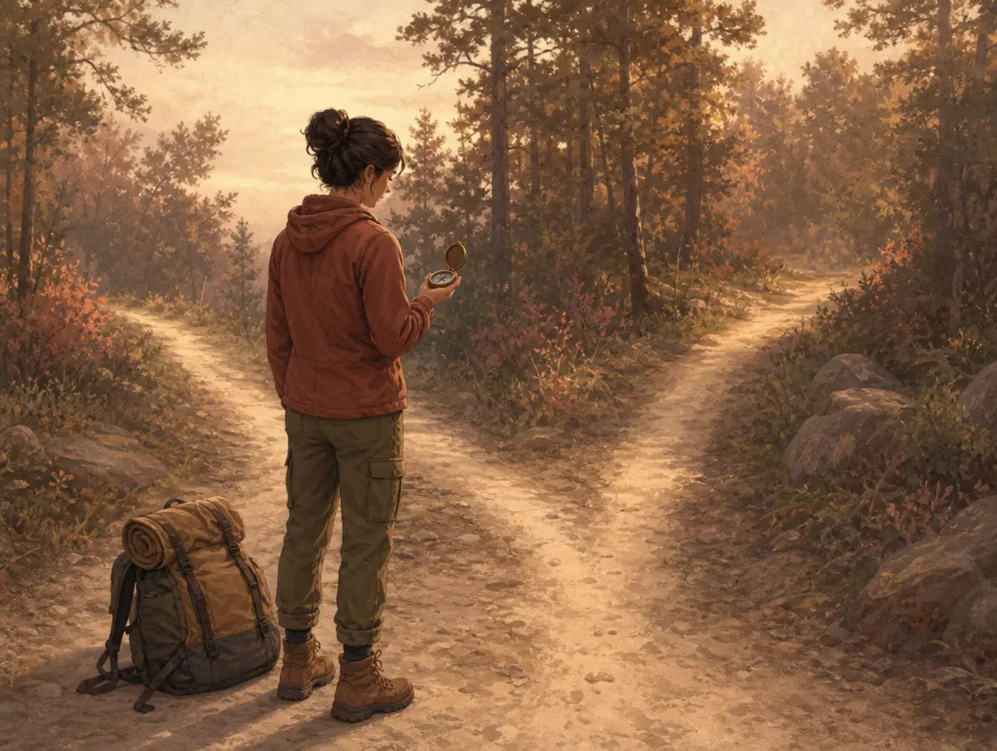 The Explorer Archetype: a hiker at a forked trail studies a compass, deciding which unmarked path to take