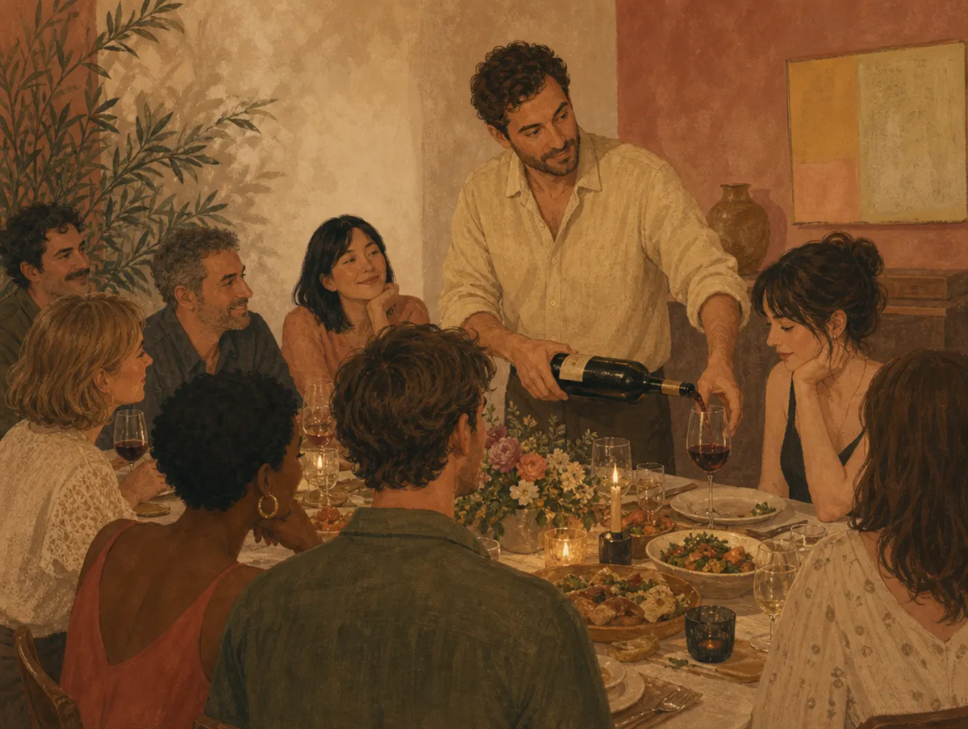 Extraverted Feeling: a host refills a quiet dinner guest's glass mid-toast, scanning the table to draw everyone in