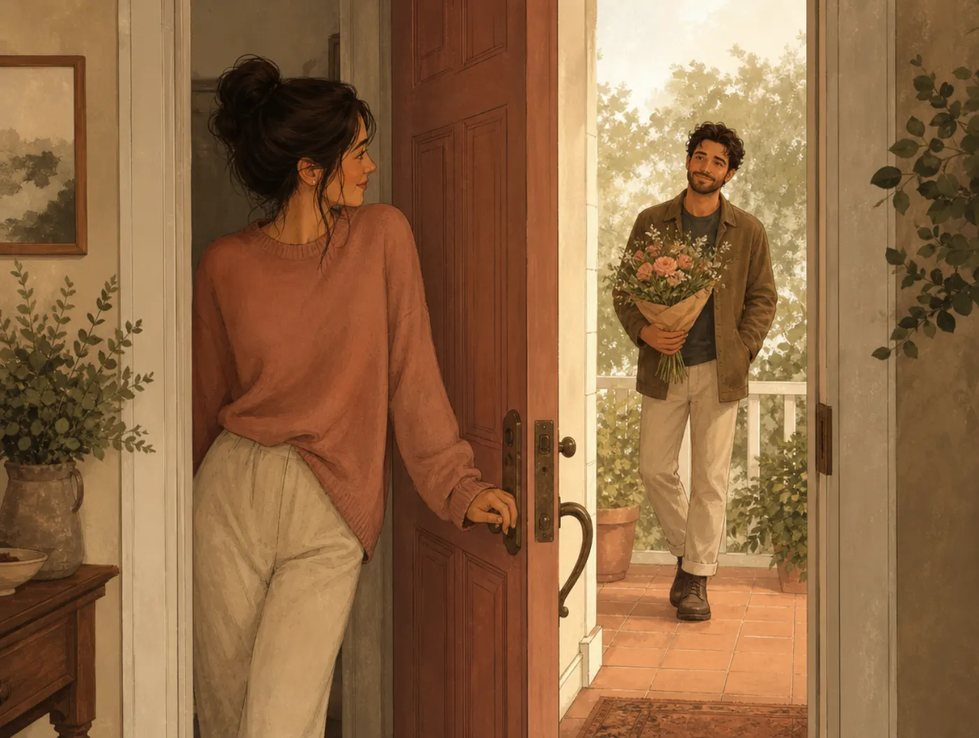 Fearful-Avoidant Attachment Style: woman gripping the door latch, torn between stepping toward her partner waiting outsi