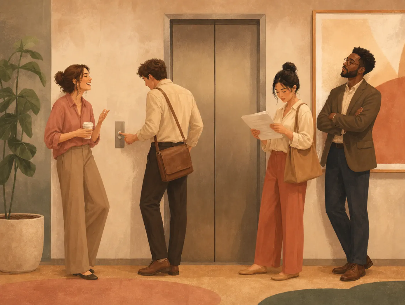 The Four Temperaments: Sanguine, Choleric, Melancholic, Phlegmatic: coworkers reacting differently to a stuck elevator
