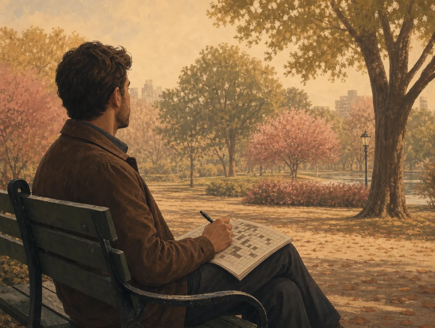Green Personality Type: Analysis and Independence: a man pausing over a half-finished crossword on a park bench, thinkin