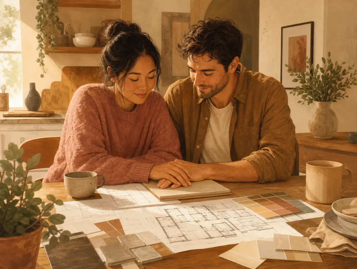 The Hera Archetype: two partners reviewing house blueprints and paint swatches at a kitchen table