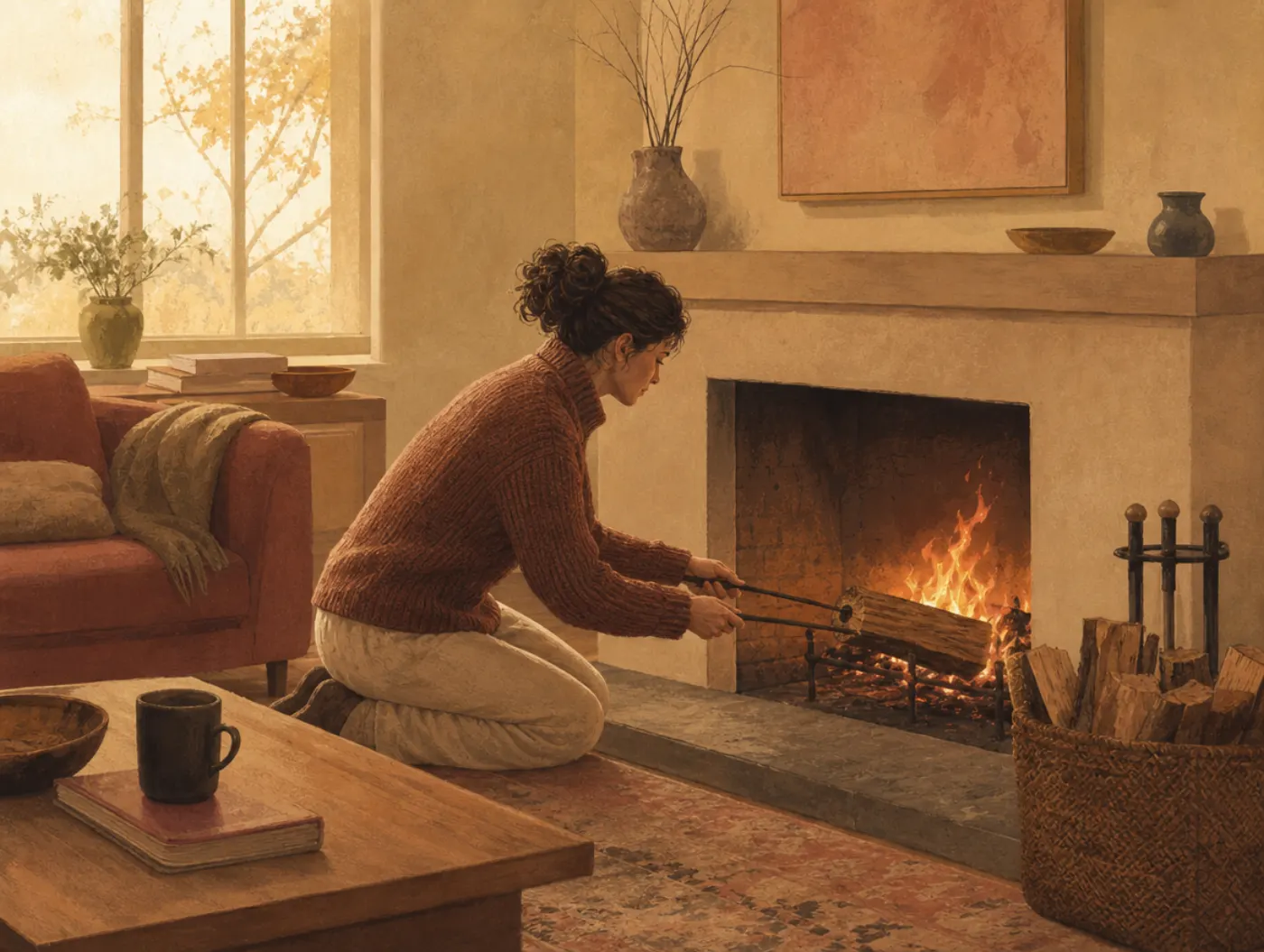 The Hestia Archetype: a person kneeling alone at the hearth, feeding a log into the fire with a poker