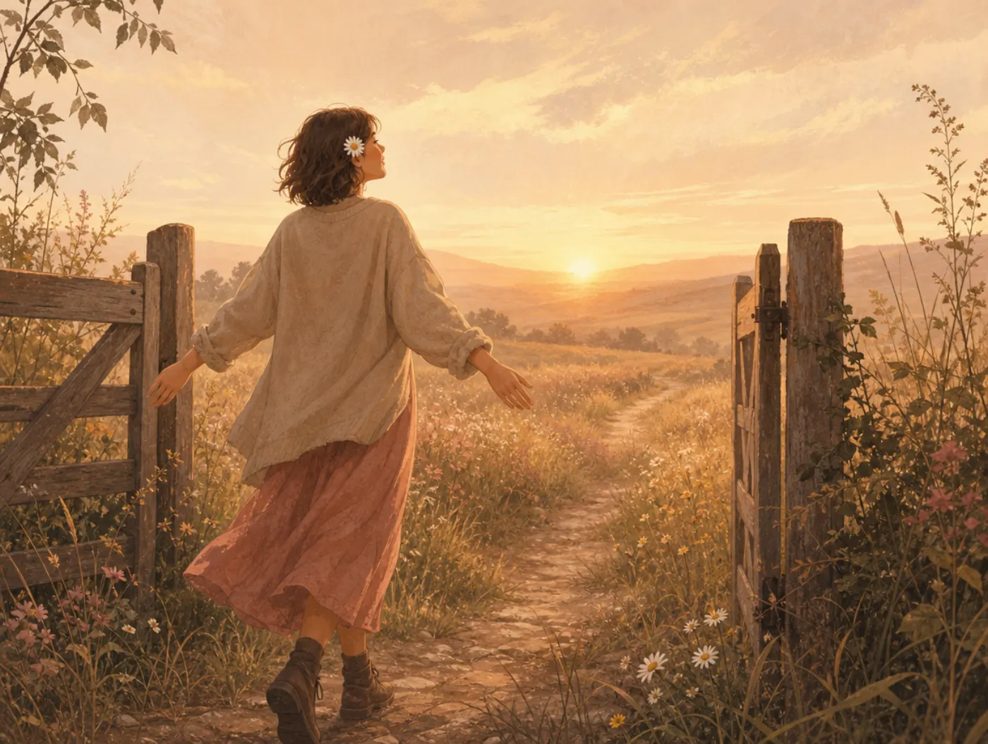 The Innocent Archetype: a person walking through an open meadow gate at dawn, unhesitating, a daisy tucked behind one ea