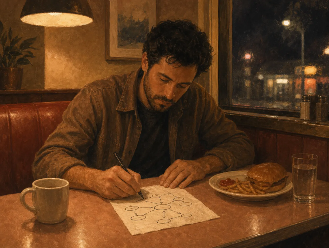 INTP Personality Type: The Logician: a man at a diner table sketching a diagram on a napkin, his meal untouched