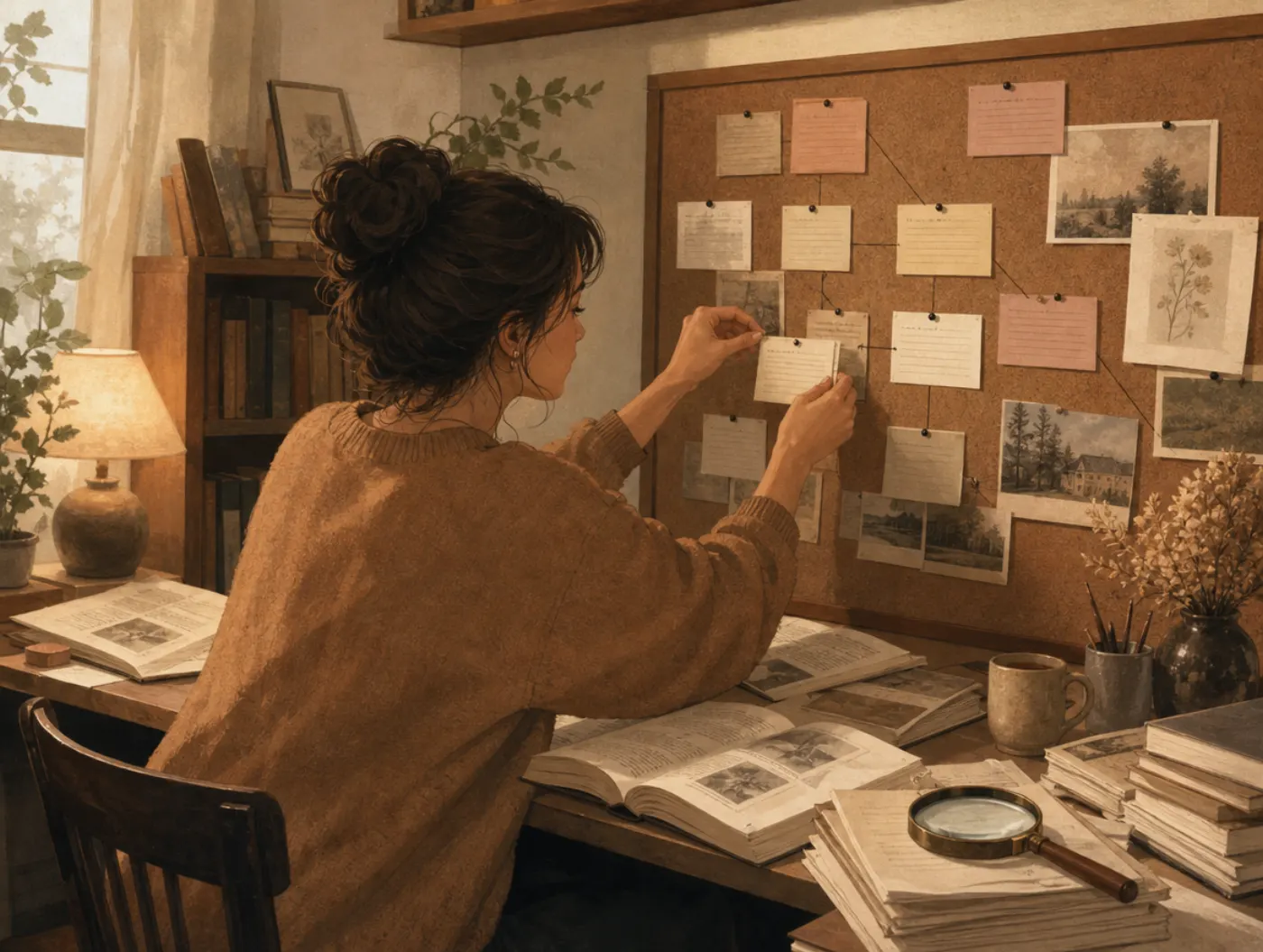 Investigative Holland Code: The Thinker: researcher surrounded by open books and index cards pinned to a corkboard, magn