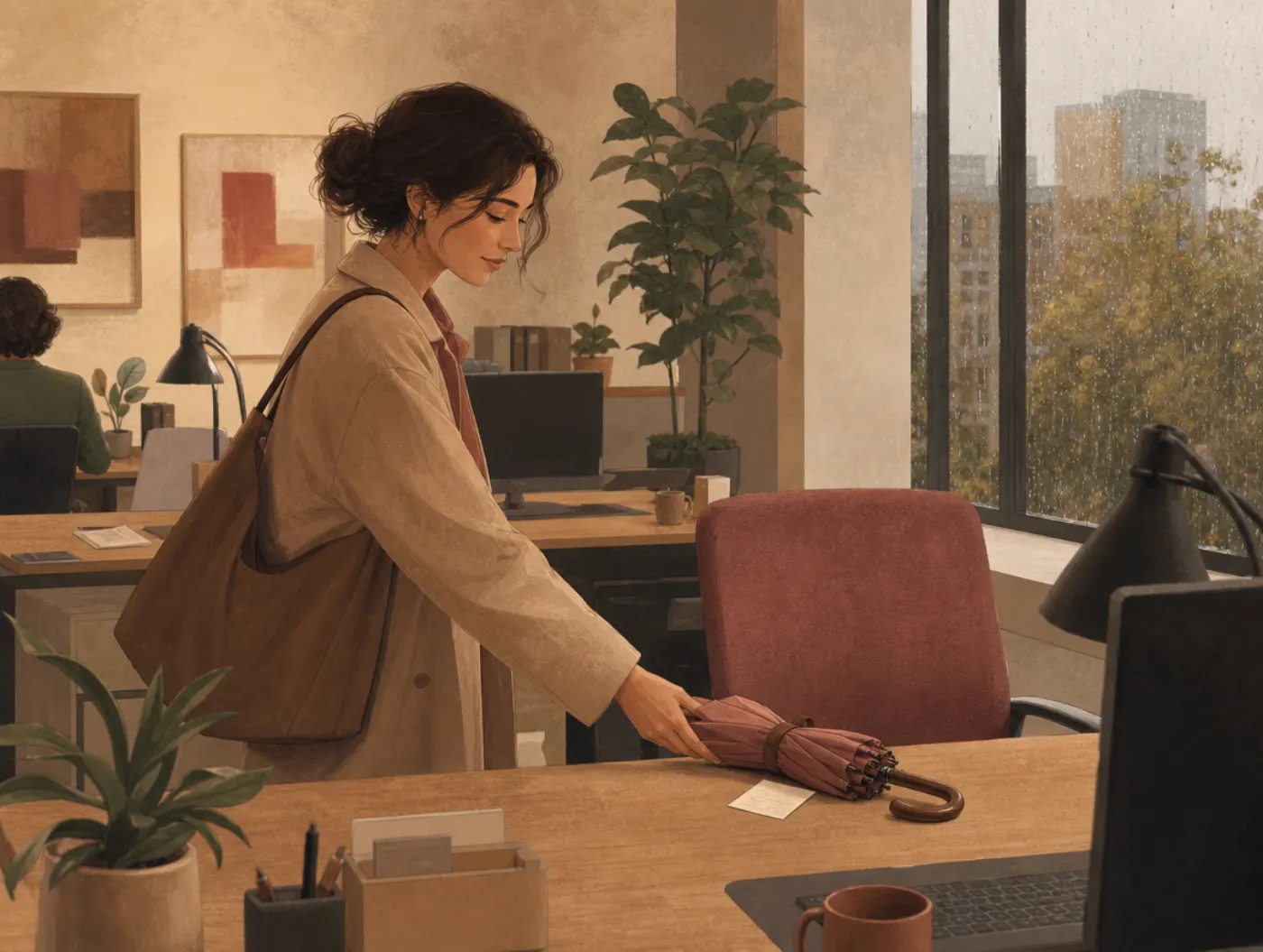 ISFJ Personality Type: The Defender: a woman leaves an umbrella and note at a colleague's desk before rain