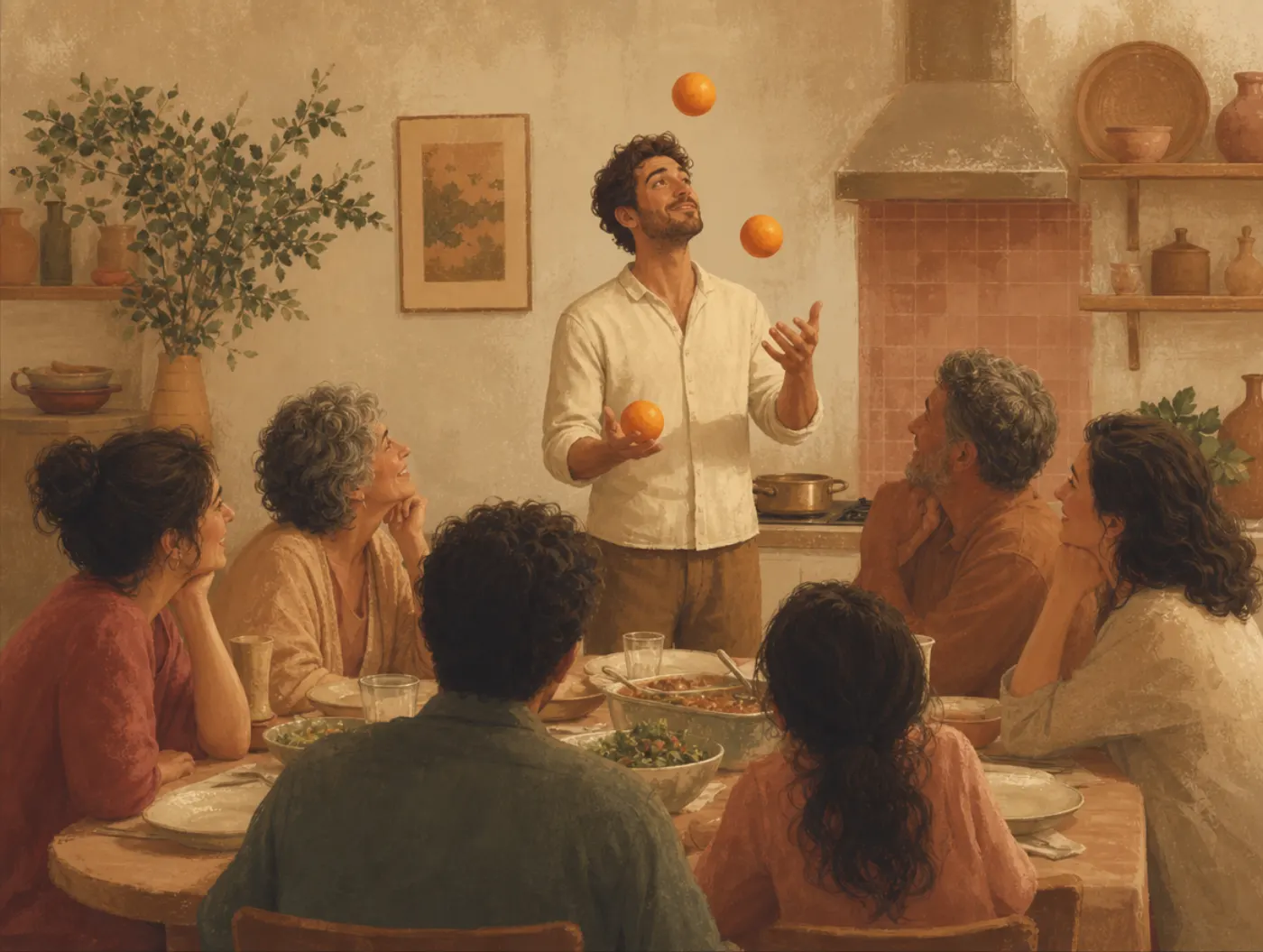 The Jester Archetype: Play, Humor, and Perspective: a man juggling oranges at a tense family dinner
