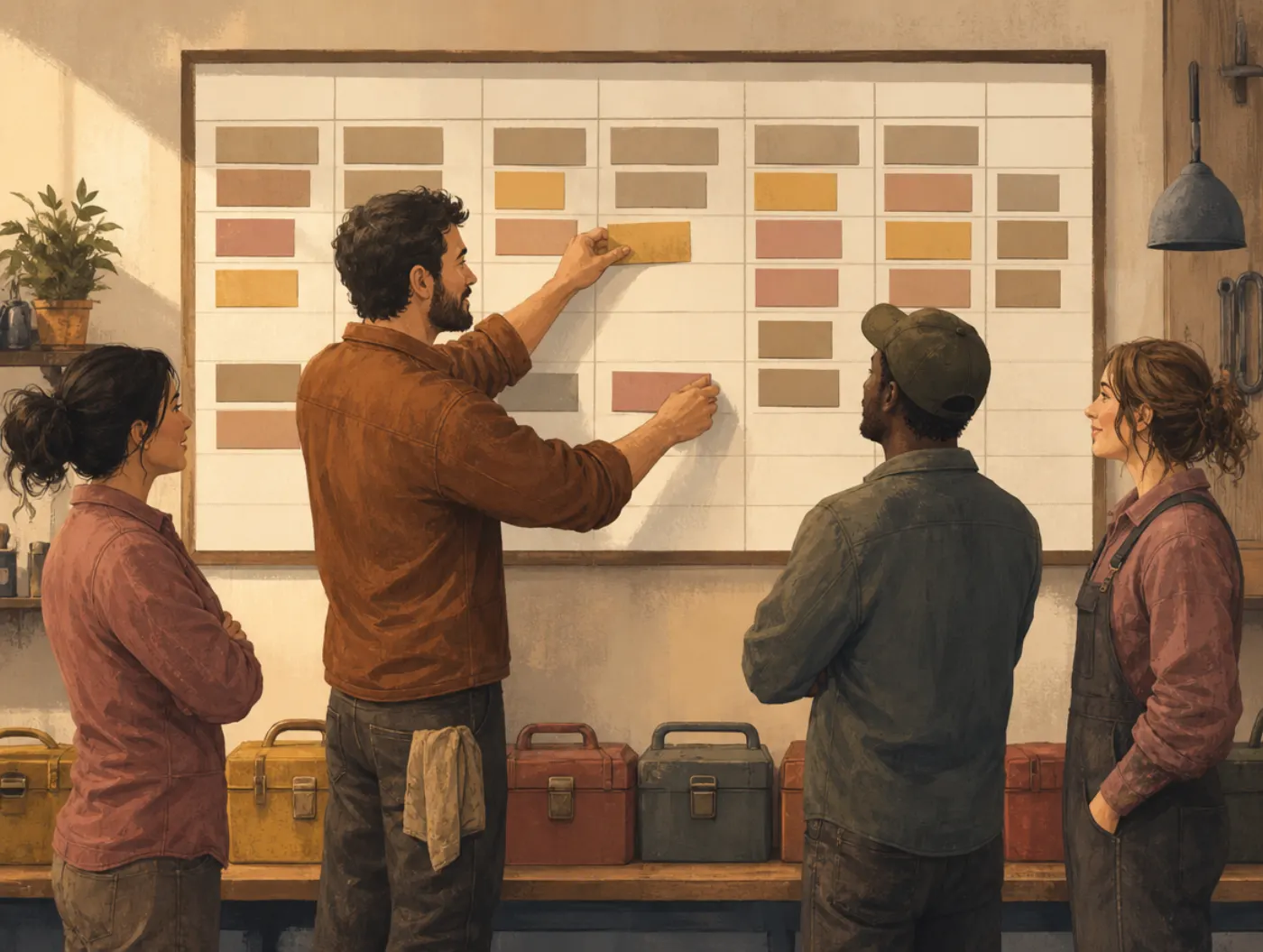 The King Archetype: a supervisor reorganizes a wall schedule board, shifting tasks so a struggling teammate has room to