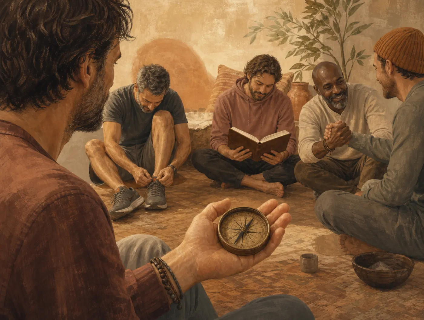 King, Warrior, Magician, Lover: men in a circle, one holding a compass, others lacing shoes, shaking hands