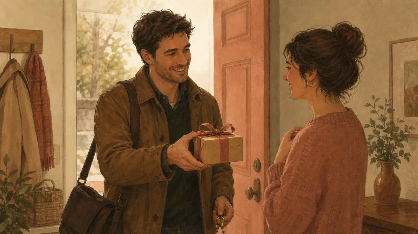 The 5 Love Languages, Explained Plainly: a partner hands the other a small wrapped gift at the door