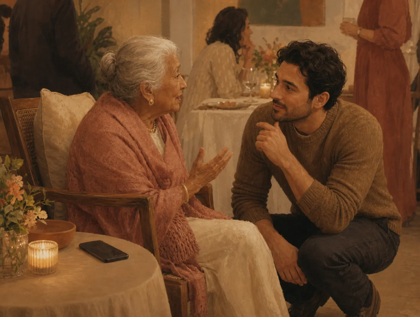 The Lover Archetype: Attention, Appreciation, and Connection: a man crouches to listen closely to an older guest at a di