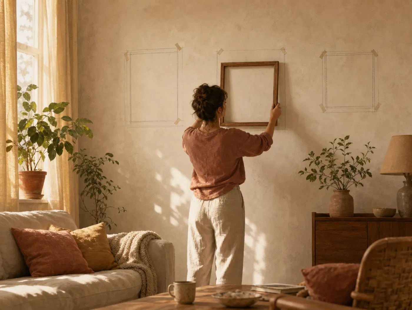 The Magician Archetype: Reframing and Transformation: person testing an empty frame against wall spots marked by pencil
