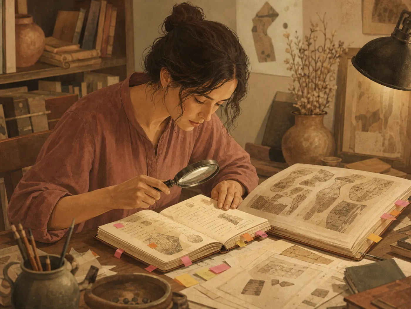 The Magician Archetype: a researcher cross-checks notes against a reference book with a magnifying glass